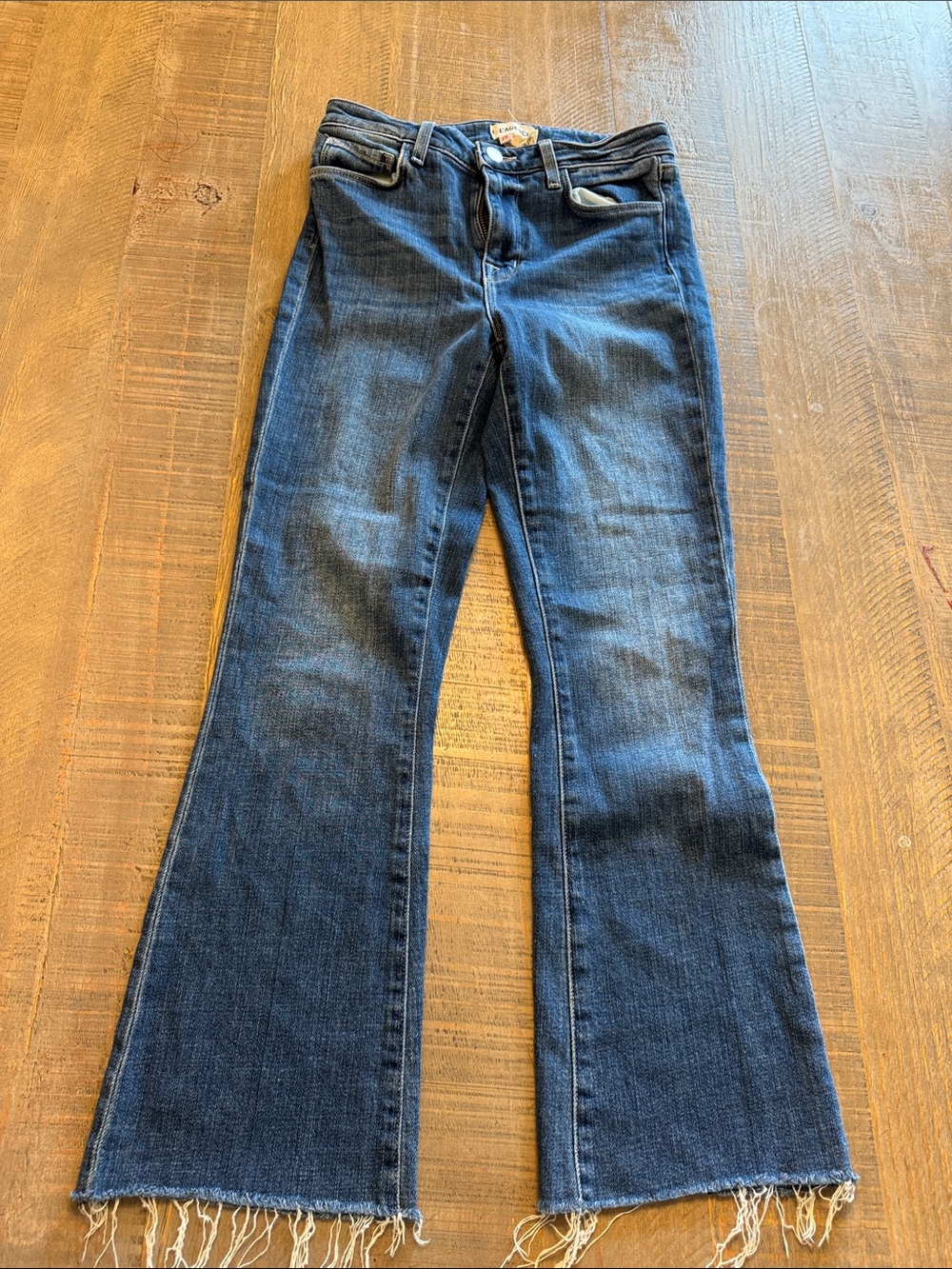 L'AGENCE Dark Indigo Flare Jeans with Frayed Hem
